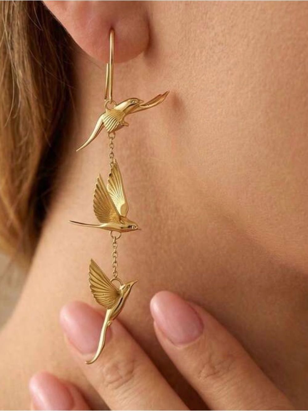 Gold Tone Flying Bird Dangle Earrings A2107